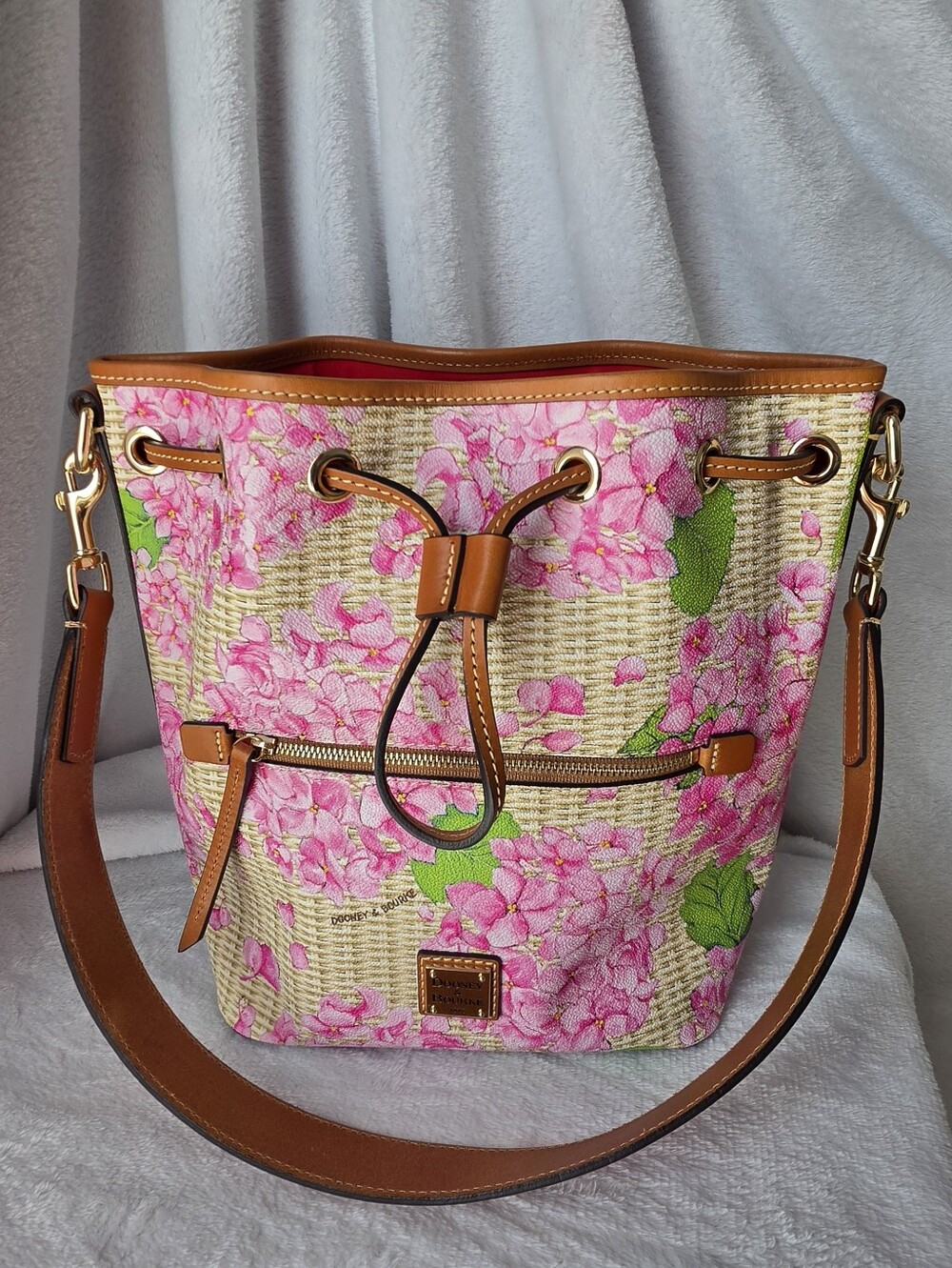 Dooney & Bourke Pink Floral Bucket Shoulder Bag with Tan Trim